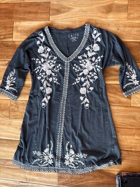 Caite Black Embroidered V-Neck Tunic
